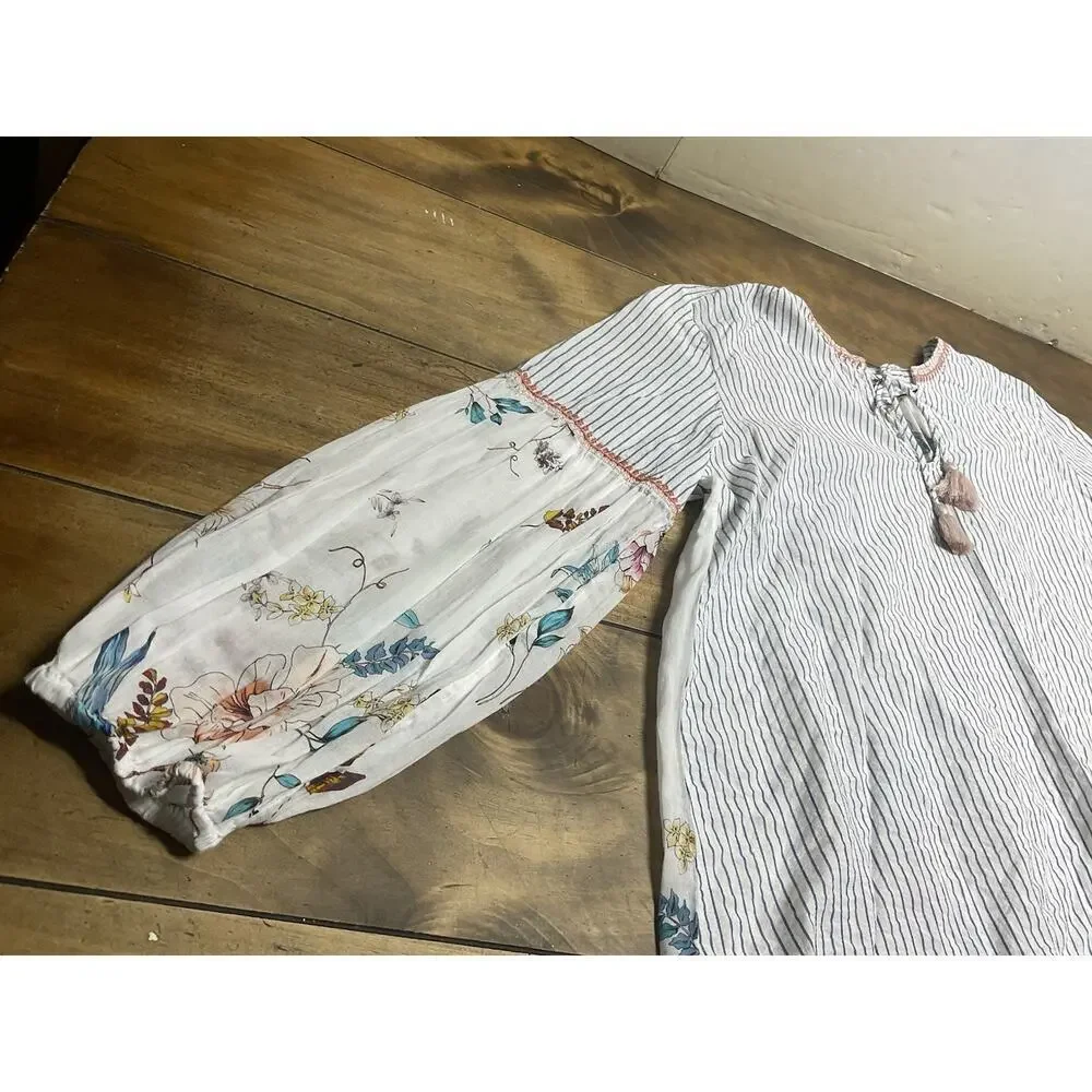 Johnny Was Workshop Effortless Peasant Top Puff Floral Tassel Size Small